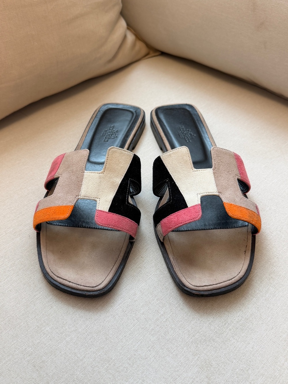 Hermes Multicolor Suede H Oran Slide Sandals — Beige, Black, Pink & Orange